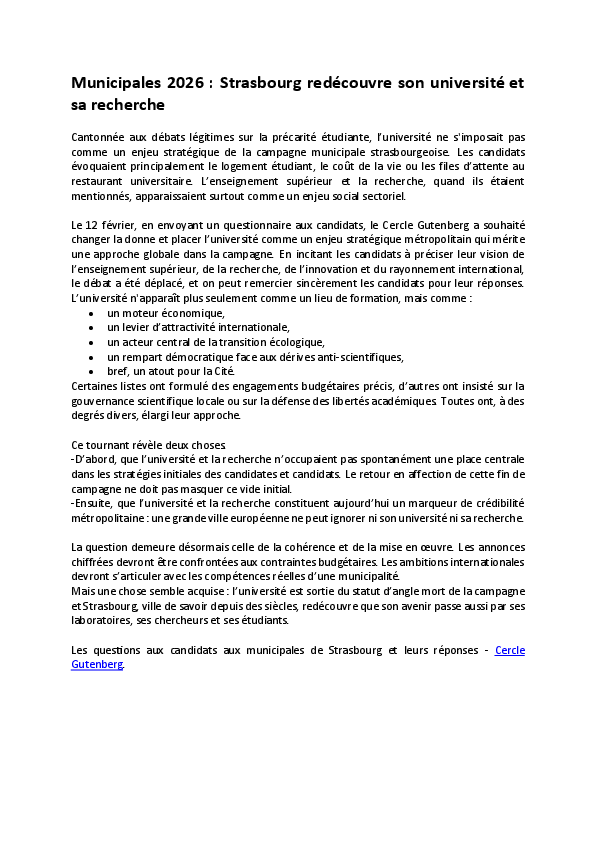 Communiqué du Cercle Gutenberg après les réponses des candidats aux municipales